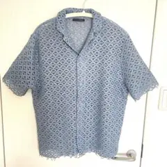 ZARA【新品未使用】メンズ水色 レース編み 半袖シャツ