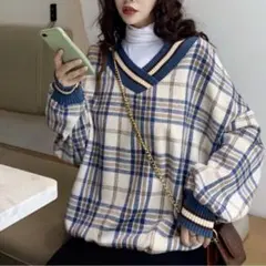 新品　K.S studio チェック柄 Vネック フランネルトップス 長袖　M