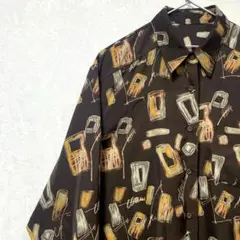 デザインシャツ　総柄　ヴィンテージ　レトロ　アースカラー　アート　ブラウン　長袖