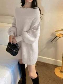 GRL 2wayオフショルダーニットミニワンピース　アイボリー