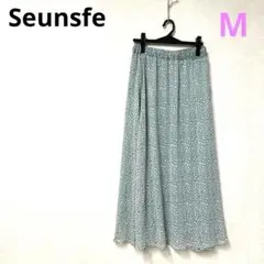 Seuseed ややレオパード柄　ロングフレアスカート 爽やかグリーン系　M