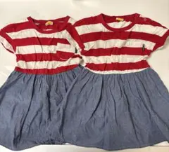 ムージョンジョン 赤×白ストライプ 半袖ワンピース 90cm 2着セット 双子