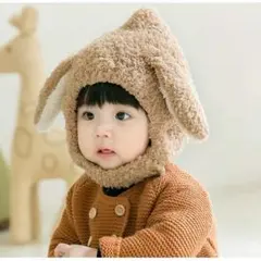 ブラウン ベビー キャップ かわいい うさ耳 フリース ニット 帽子