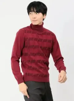 新品チェックジャガード タートルネックニット