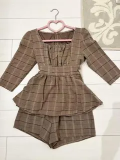 evelyn  リボン付きチェックセットアップ　ブラウン