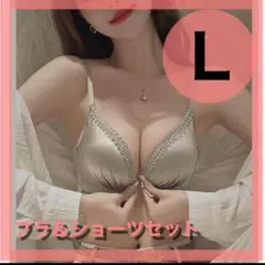 在庫一掃セール グレージュ L フロントホック ノンワイヤーブラ & ショーツ