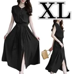 【新品】フレンチ袖ワンピースロングAラインスリットレディース春夏秋ブラックXL