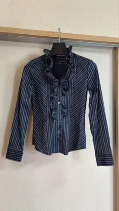 NARACAMICIE ナラカミーチェ フリルストライプブラウス ネイビー 長袖