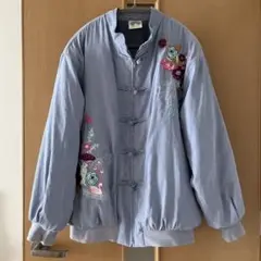 スカラー　アウター　花　刺繍　ジャンパー　【M】青紫　ゆるダボ　チャイナ　秋冬
