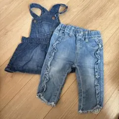 デニムオーバーオールとパンツセット