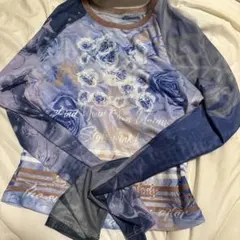 花柄プリント 長袖トップス　シアートップス　青薔薇