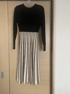 ドッキングワンピース ニット プリーツスカート マルチストライプ 長袖