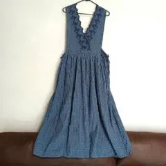 【サマンサモスモス】　綿麻スカラップノースリーブワンピース　ブルー　Mサイズ