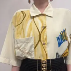 メンズ アート柄 刺繍 総柄 ヴィンテージ 柄シャツ オーバーサイズ イエロー系のサムネイル