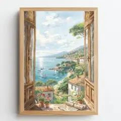 A4 海を望む窓辺の風景｜ペンと水彩で描いた地中海のインテリアアートポスター