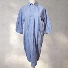 【アンタイトル】サイズ2/シャツワンピース/ストライプ柄/青/大人シック/七分袖