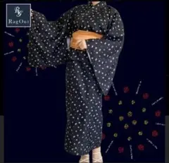 本日まで出品　セパレートワンピース浴衣 帯3点セット 髪飾り付き　花柄 黒地