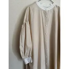 ベージュ ストライプ柄 長袖 シャツワンピース