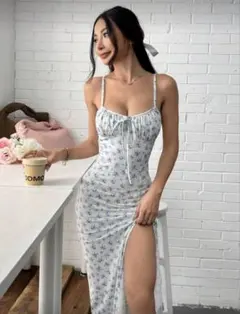 キャミタイトロングワンピース 水色 花柄 SHEIN