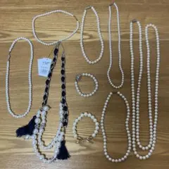 N33　まとめ　ネックレス　2連　フェイク　パール　ロング　ヴィンテージ　りぼん