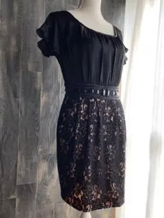 Diagram 美品ドレス サテン×レース ビジュー付きワンピース ブラック