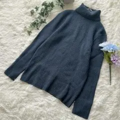 セマンティックデザイン ꕤ タートルネックニット グリーンブルー リブ 厚手 L