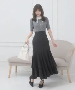 ラメ入りティアードマーメイドスカート ブラック　レースアップ　バックリボンのサムネイル