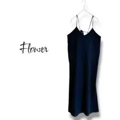 【フラワー】キャミソールワンピース　Aライン　リネン混　Vネック　ブラック　F