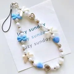 ハンドメイド໒꒱⋆ブルー リボン パール ビーズ ストラップ チャーム