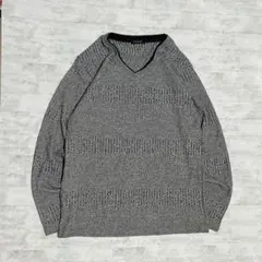 ニット 薄手　セーター Vネック グレー 柄編み メンズ L シンプル 古着