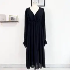 GRL カシュクール バックリボン ティアード ワンピース 長袖 無地 ブラック