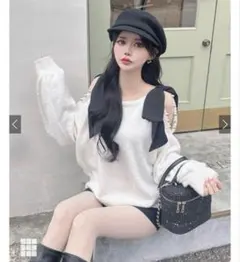 GRL オープンショルダーリボンパールニットトップス