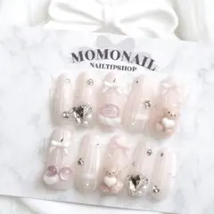 468 現品ネイルチップ フレンチガーリー　くまちゃん　さくらんぼ　ピンク　ラメ