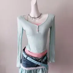 平成ギャルY2K水色 Vネック 長袖 Tシャツ