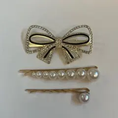 リボン型ストーン装飾ヘアピン3個セット