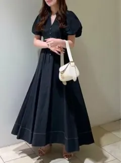 パフスリーブ デニムロングワンピース ブラック