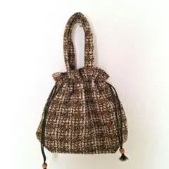 ツイード柄 巾着型トートバッグ