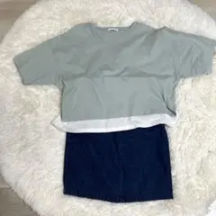 花柄プリント 半袖Tシャツ Mサイズ グリーン&ジャンスカMサイズ