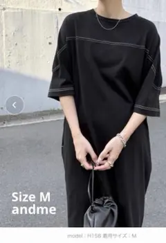 【andme】配色ステッチオーバーサイズ半袖Tシャツワンピース blackのサムネイル