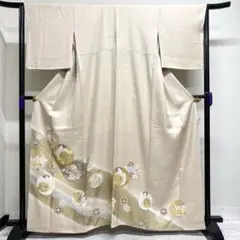 訪問着　三つ紋　金駒刺繍　金彩　花模様　小花　鹿の子　着物　043k d 未使用 京友禅 金駒刺繍 本金箔 花柄 訪問着 袷 正絹 グレー 紫 1173