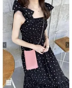 GRL ハート柄ショルダーリボンロングワンピース ブラック F