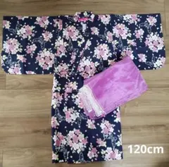 浴衣　帯付き　120 ネイビー　花　蝶　ビーデスビー