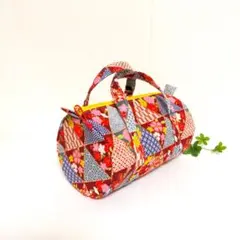 ミニボストンバッグ　三角和柄✕ピンク　ミニドラムバッグ　ハンドメイド　ポーチ