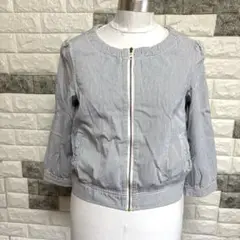 美品【スーナウーナ】sunaunaストライプ 長袖ジャケットSブルーショート丈