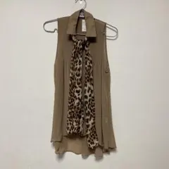 新品シフォンノースリーブチュニックシャツ　レオパード柄スカーフ付きＬ　キレイ系