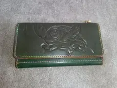 レザー　カービング　長財布　グリーン 長財布