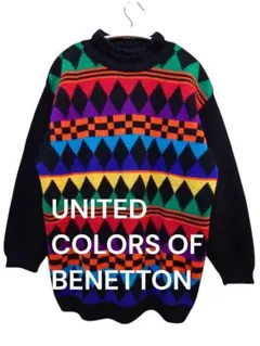 ベネトン 90Sマルチカラーニット46ヴィンテージダイヤモンドハイネックセーター