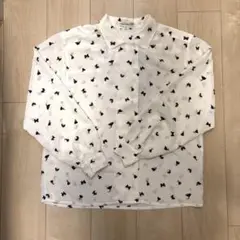 ハナエモリ-ホワイトリボンプリント長袖シャツ