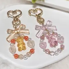 【2】橙×桃リボンビーズキーホルダー 2つセット