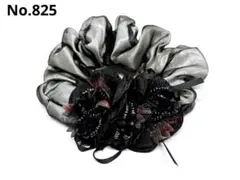 ハンドメイド お花 シュシュ ヘアゴム フラワー ビーズ ブラック825